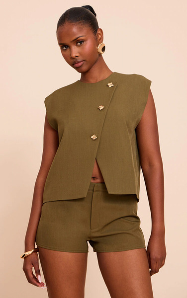  Prettylittlething Khaki Gold Trim Oversized Waistcoat 