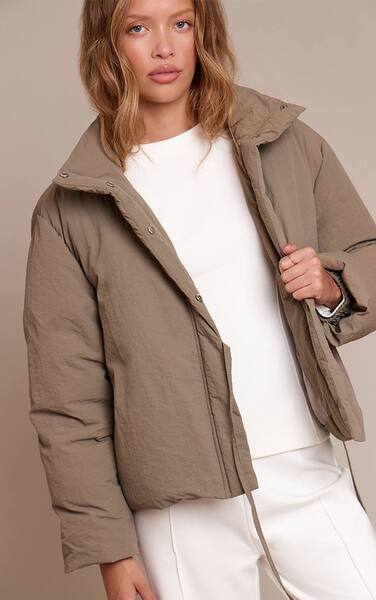 Prettylittlething Khaki High Neck Tie Waist Quilted Puffer Jacket 