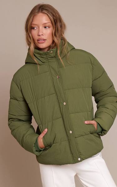  Prettylittlething Khaki Hooded Puffer Jacket 