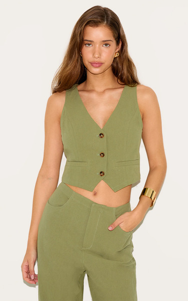  Prettylittlething Khaki Linen Look Backless Waistcoat 