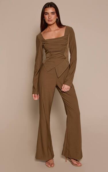  Prettylittlething Khaki Long Sleeve Square Neck Ruched Jumpsuit 