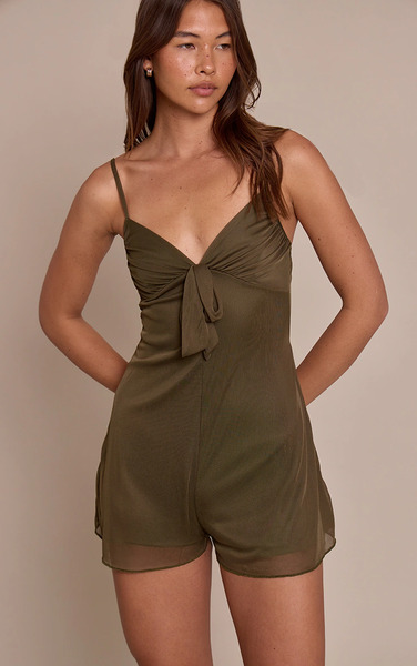  Prettylittlething Khaki Mesh Tie Mini Shift Playsuit 