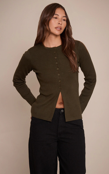  Prettylittlething Khaki Rib Knitted Button Down Cardigan Sweater 