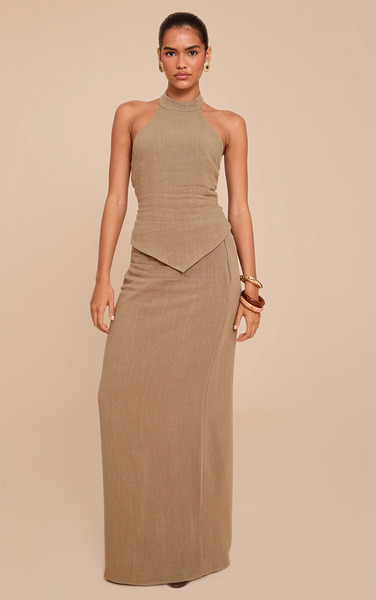  Prettylittlething Khaki Textured Floaty Mid Rise Maxi Skirt 