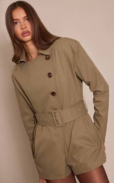  Prettylittlething Khaki Trench Belt Detail Playsuit 