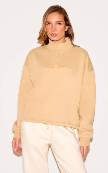  Prettylittlething Latte Drawstring Hem Quarter Zip Sweatshirt 