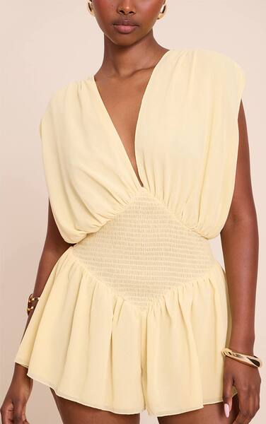  Prettylittlething Lemon Chiffon V Neck Shirlemon Waist Frill Playsuit 