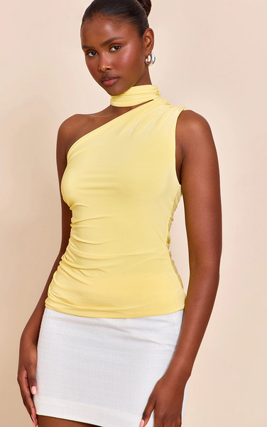  Prettylittlething Lemon Double Layer Neck Detail Ruched Detail Long Top 