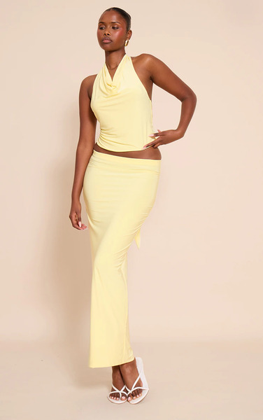  Prettylittlething Lemon Double Layer Slinky Mid Rise Maxi Skirt 