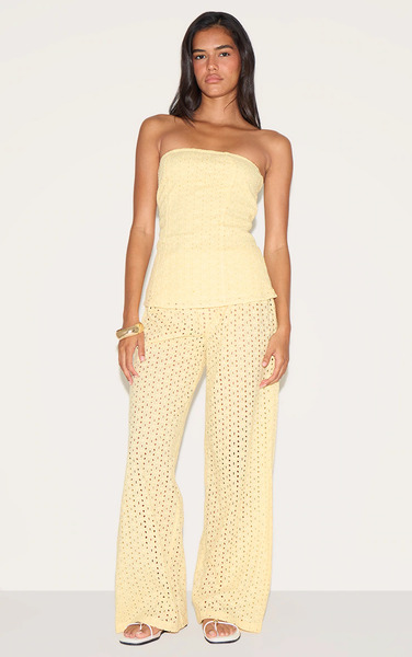  Prettylittlething Lemon Embroidered Mid Rise Trousers 