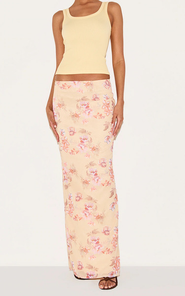  Prettylittlething Lemon Floral Print Chiffon Maxi Skirt 