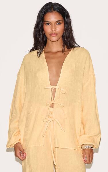  Prettylittlething Lemon Textured Cheesecloth Tie Front-shirt Co-ord 