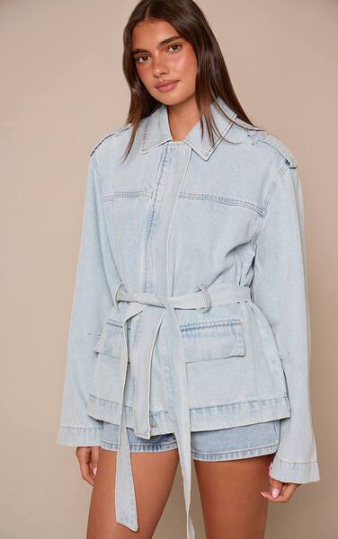  Prettylittlething Light Blue Belted Waist Denim Shacket 