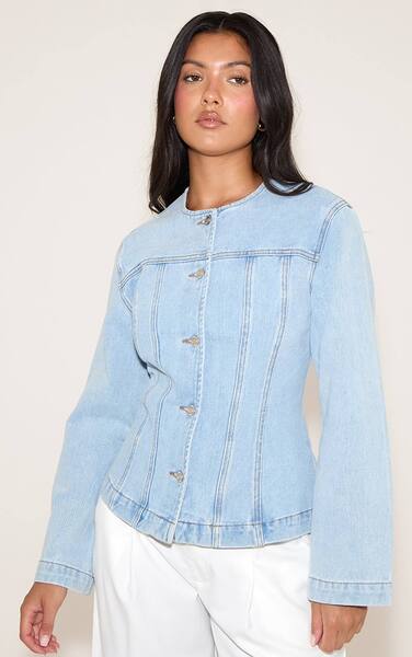  Prettylittlething Light Blue Cinched Long Sleeve Denim Jacket 