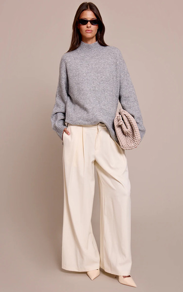  Prettylittlething Light Grey Marl Oversized Polo Neck Knitted Jumper 