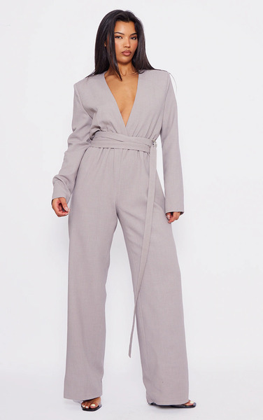  Prettylittlething Light Grey Strap Detail Cross Over Wide Leg Jumpsuit 
