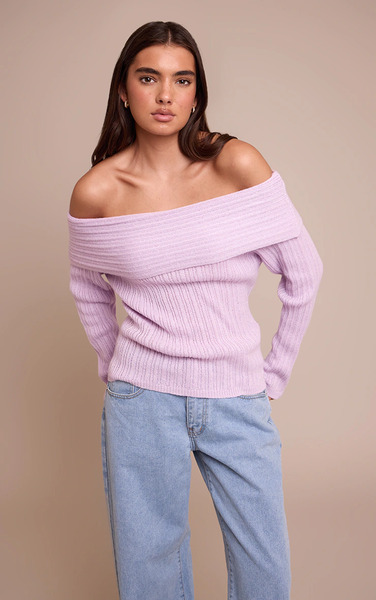  Prettylittlething Lilac Off The Shoulder Knit Long Sleeve Top 