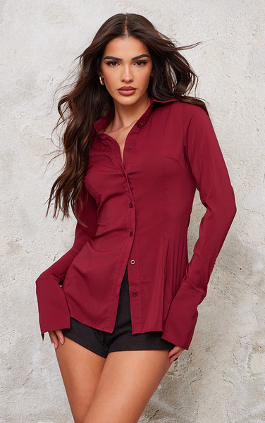  Prettylittlething Maroon Chiffon Fitted Shirt 