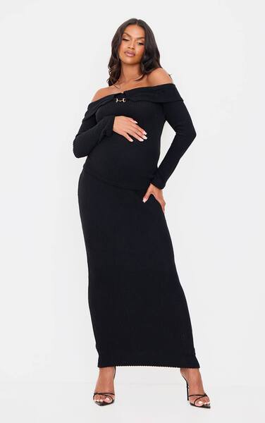  Prettylittlething Maternity Black Brushed Rib Maxi Skirt 