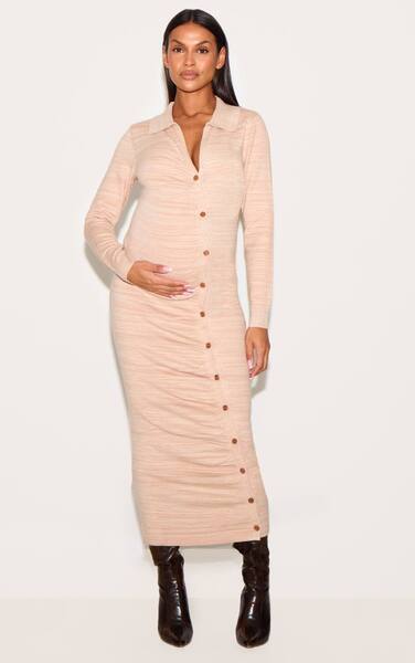  Prettylittlething Maternity Stone Knitted Asymmetric Buttons Ruched Bump Midi Dress 