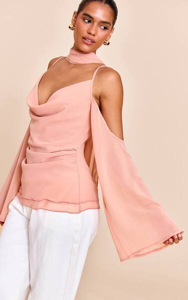  Prettylittlething Mauve Chiffon Drape Scarf Long Top 