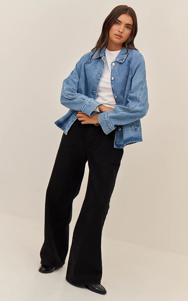  Prettylittlething Mid Blue Oversized Denim Car Coat, Mid Blue Wash 