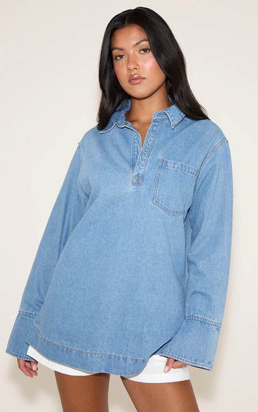  Prettylittlething Mid Blue Oversized Denim Rugby Style Shirt, Mid Blue Wash 
