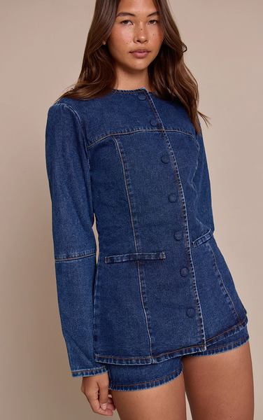  Prettylittlething Mid Blue Round Neck Denim Shirt, Mid Blue Wash 
