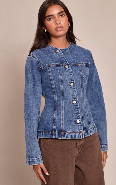  Prettylittlething Mid Blue Wash Asymmetric Button Collarless Denim Shirt 