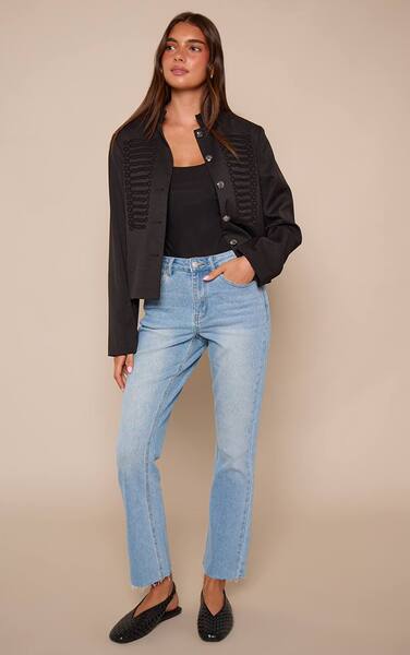  Prettylittlething Mid Blue Wash Cropped Raw Hem Straight Leg Jeans 