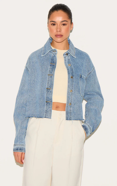  Prettylittlething Mid Blue Wash Raw Hem Cropped Denim Shirt 