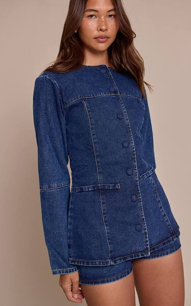  Prettylittlething Mid Blue Wash Round Neck Denim Shirt 