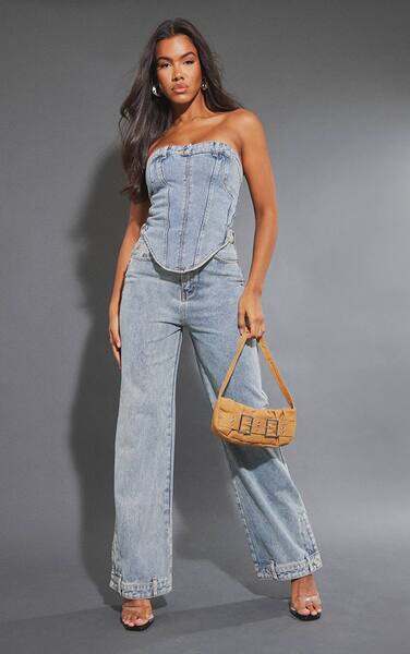  Prettylittlething Mid Blue Wash Waistband Detail Hem Straight Leg Jeans 