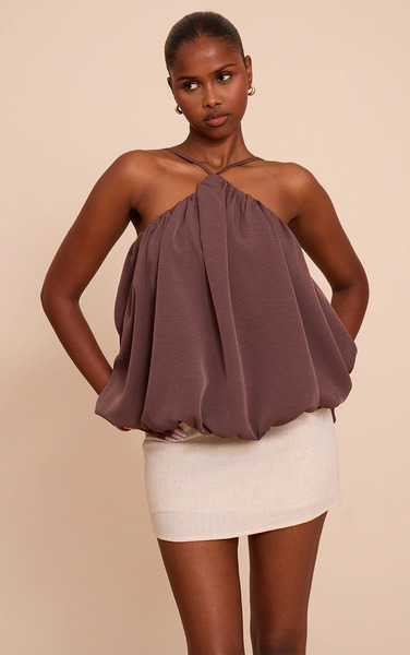 Prettylittlething Mocha Chiffon Halter Neck Puff Ball Top 