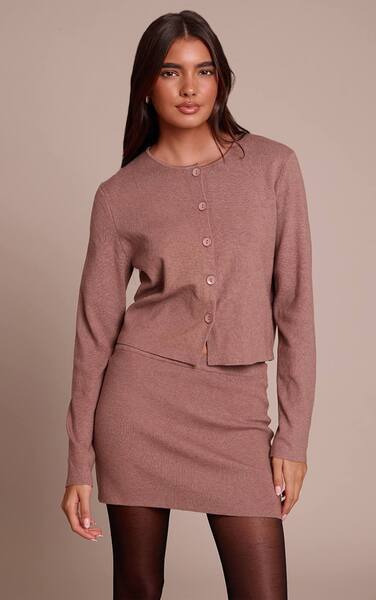  Prettylittlething Mocha Compact Knit Collarless Cardigan Sweater 