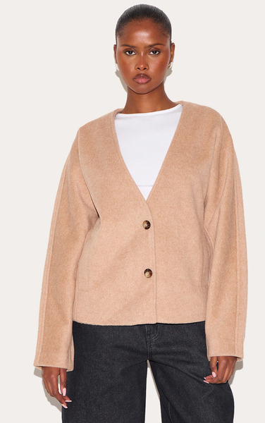  Prettylittlething Mocha Wool Look Button Up V Neck Jacket 
