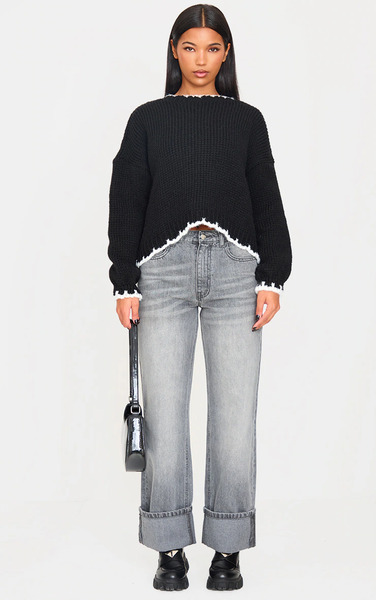  Prettylittlething Monochrome Blanket Stitch Oversized Knit Jumper 