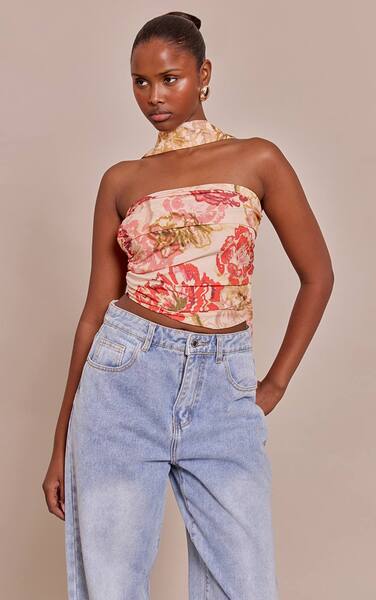  Prettylittlething Mulberry Chiffon Bandeau Scarf Detail Top 