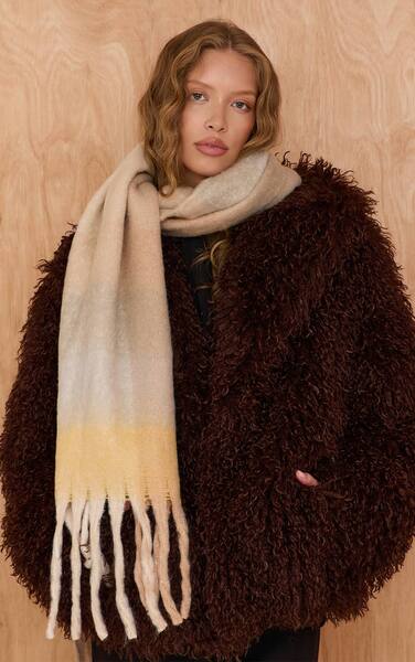  Prettylittlething Mustard Plaid Tassel Detail Blanket Scarf 