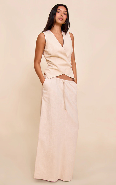  Prettylittlething Natural Premium Linen Drawstring Maxi Skirt 