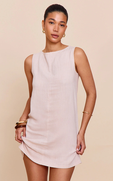  Prettylittlething Natural Textured Boat Neck Boxy Shift Dress 