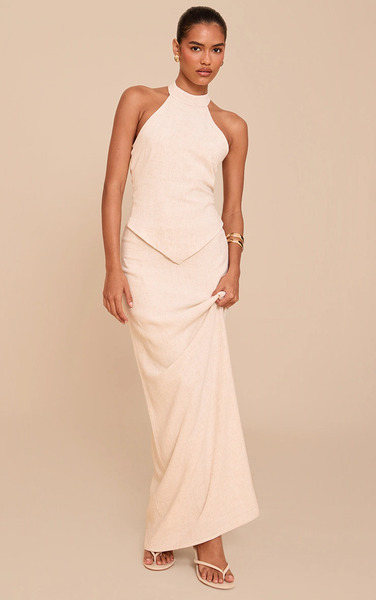 Prettylittlething Natural Textured Floaty Mid Rise Maxi Skirt 