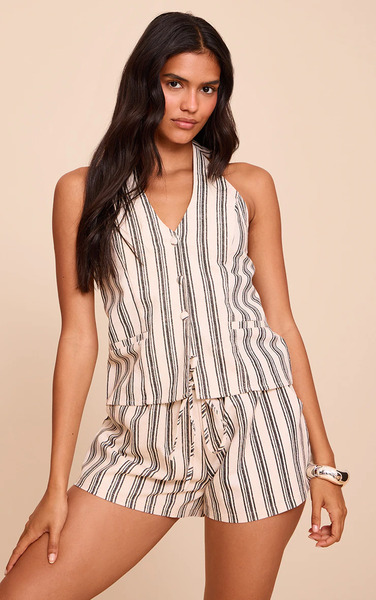 Prettylittlething Natural Textured Stripe Halter Tie Back Waistcoat 
