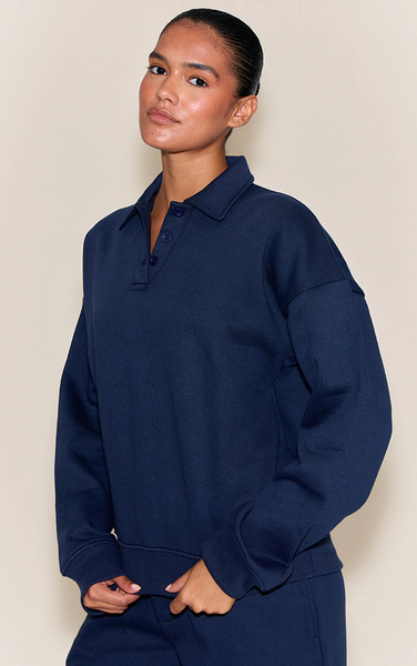  Prettylittlething Navy Button Up Long Sleeve Polo Sweatshirt 