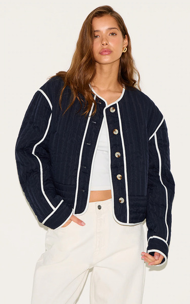  Prettylittlething Navy Button Up Round Neck Quilted Jacket 