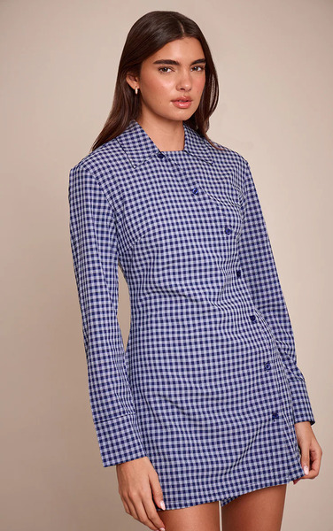  Prettylittlething Navy Check Button Down Shirt Dress 
