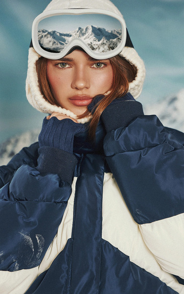  Prettylittlething Navy Contrast Chevron Stripe Puffer Jacket 