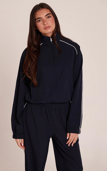  Prettylittlething Navy Contrast Piping Funnel Neck Full Zip Jacket 