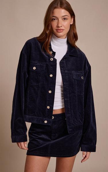  Prettylittlething Navy Cord Classic Boxy Denim Jacket 