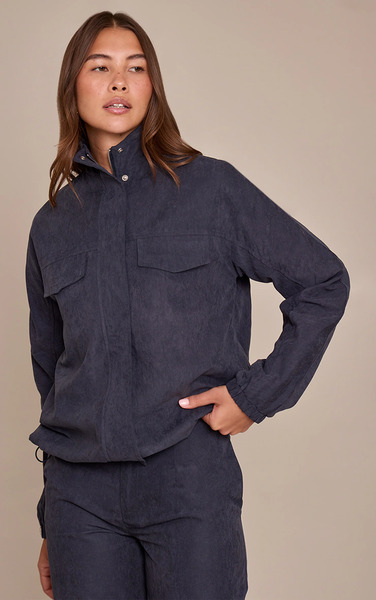  Prettylittlething Navy Peach Skin Zip Up High Neck Jacket 